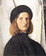 Lorenzo Lotto, Portrait of a young man against a white curtain
